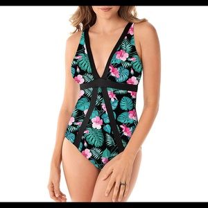 Swimall one piece tropical floral print one piece swimsuit size M
